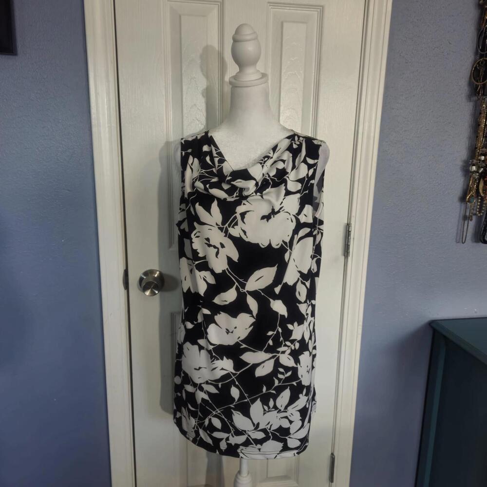 Banner New Work L Black White Floral Sleeveless Drape Neck Business Casual Top